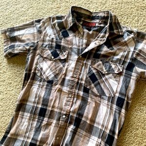 Men’s brown plaid button down shirt